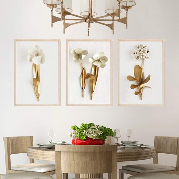 Other - Boho gold white Floral print Wall Art Set